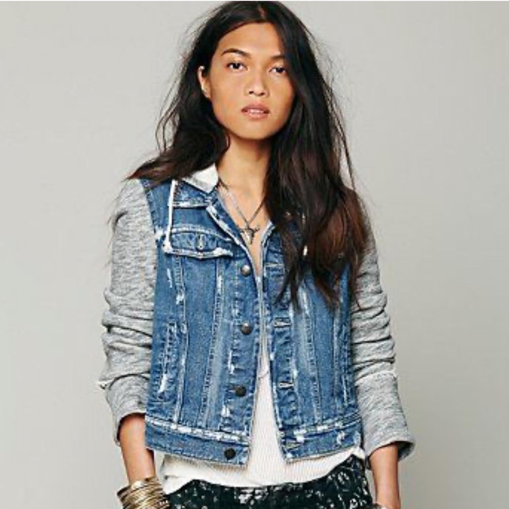 Free People - Throwback Distressed Blue Denim Combo Jacket w/ Hood - Picture 3 of 7